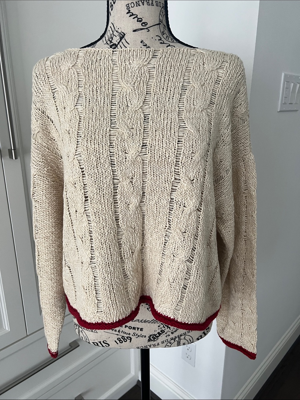 NWOT Cream Cable-Knit Sweater with Red Trim